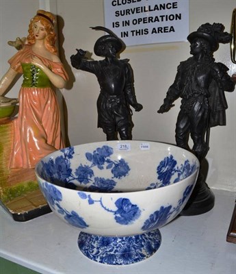 Lot 218 - Two spelter figures, blue and white bowl and a Continental figure