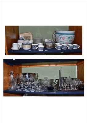 Lot 222 - Two shelves of decorative ceramics, glass, pictures, etc