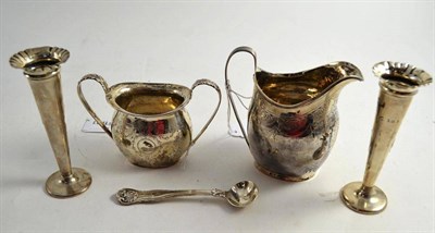 Lot 238 - Georgian silver cream jug, a pair of silver posy vases, silver twin handled sugar and William...