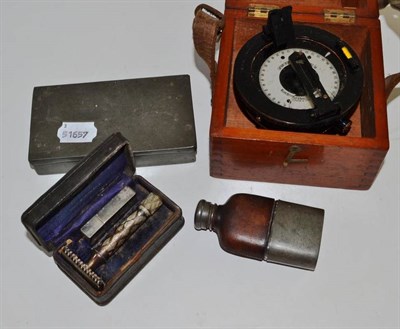 Lot 249 - RAF compass in mahogany box, razor, sandwich box and flask