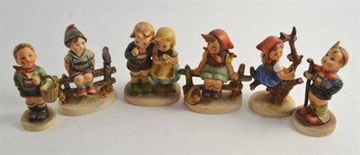 Lot 251 - Six Hummel figures; Village Boy, Little Hiker, Wayside Harmony, We Congratulate, Apple Tree...