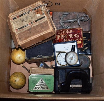 Lot 259 - Mixed collectables including camera, letter clip, coins, stamps, two ivory billiard balls, radiator