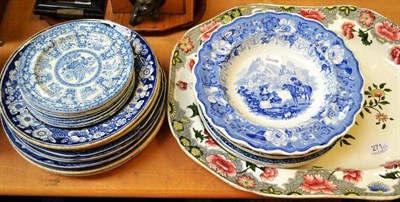 Lot 271 - Spode platter, blue and white plates and a soup bowl