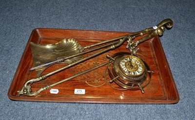 Lot 275 - Brass inlaid tray, fire irons and a clock