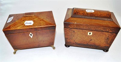 Lot 279 - A 19th century inlaid rosewood tea caddy and a mahogany tea caddy on brass feet (2)