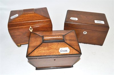 Lot 286 - A 19th century mahogany two division tea caddy, a 19th century rectangular mahogany tea caddy...