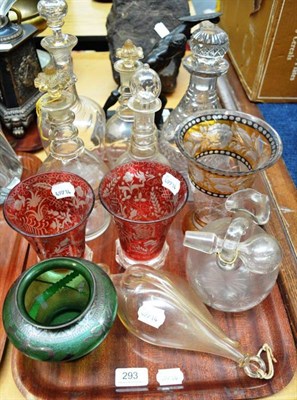 Lot 293 - A tray of glassware including a pair of flash glass beaker vases, six decanters and an overlaid...