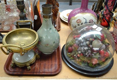 Lot 297 - Fruit study under glass dome, a Chinese white metal candle stand, a pair of obelisks and a pink...