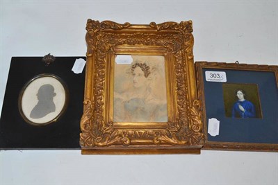 Lot 303 - A watercolour miniature portrait of a lady, a picture of a lady with a flower and a silhouette (3)