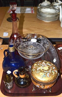 Lot 305 - A quantity of glassware including flash glass decanter, coloured box and cover, tazza, blue...