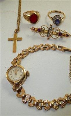 Lot 322 - 9ct bar brooch, 9ct watch, 9ct cross and two gold rings