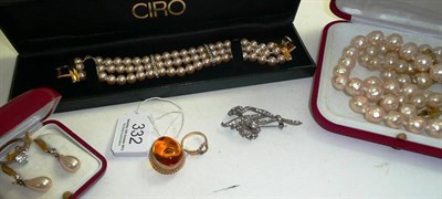 Lot 332 - A pair of 18ct gold earrings, a 9ct gold ring, a 9ct gold amber brooch, assorted simulated...