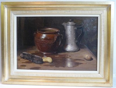 Lot 612 - William Charles Penn (1877-1968) Still life of a coffee pot, brown earthenware vessel, potatoes and