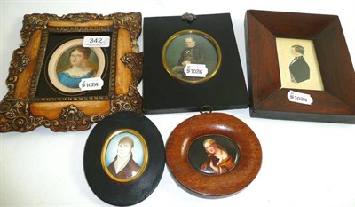 Lot 342 - Five various portrait miniatures