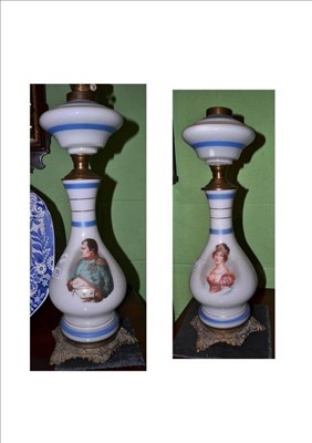 Lot 360 - Pair of opaque white oil lamps decorated with Napoleon and Josephine