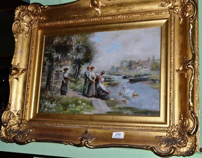 Lot 370 - Oil on canvas by John Lockhead RBA depicting young woman feeding a swan and signets