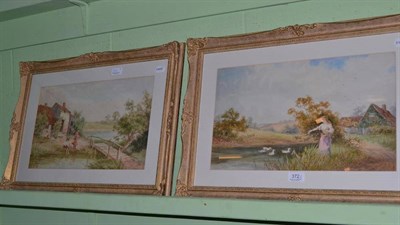 Lot 372 - A pair of watercolours by J Varclay depicting figures by a river