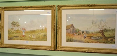 Lot 373 - A pair of watercolours by H Hammond depicting a young girl collecting sticks and in the other...