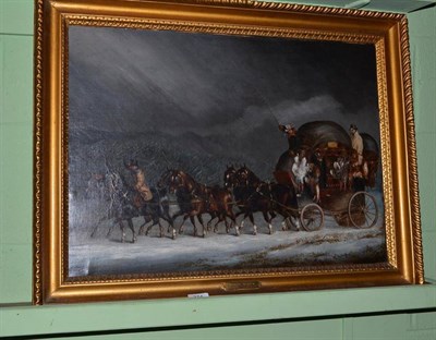 Lot 374 - Oil on canvas of the Norwich to London coach at night, indistinctly signed and frame labelled...