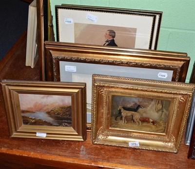 Lot 379 - Oil on canvas depicting three hounds signed A.M Young, dated /88 and eight other pictures and...