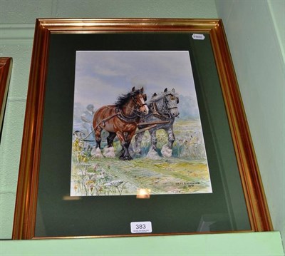 Lot 383 - DM & EM Alderson, two heavy horses working in a field, watercolour signed and dated 1974