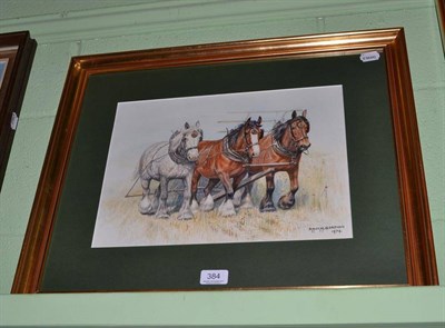 Lot 384 - DM & EM Alderson, three heavy horses working in a field, watercolour signed and dated 1974