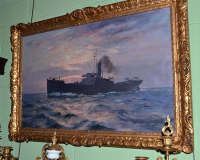 Lot 402 - Oil on canvas by Arthur Burgess depicting a Navy war ship