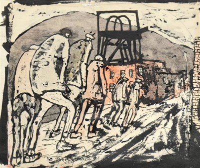 Lot 621 - Tom McGuinness (1926-2006) Miners trudging towards the colliery Signed and dated (19)63, mixed...