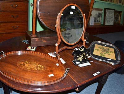 Lot 468 - Mahogany toilet mirror, Edwardian oval tray, papier mache letter rack and a tray