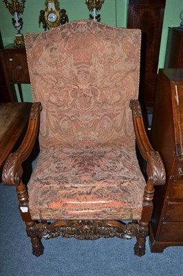 Lot 471 - Carved oak elbow chair with upholstered seat and high back