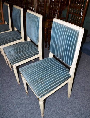 Lot 494 - Four dining chairs upholstered in turquoise blue velvet with white crackle paint