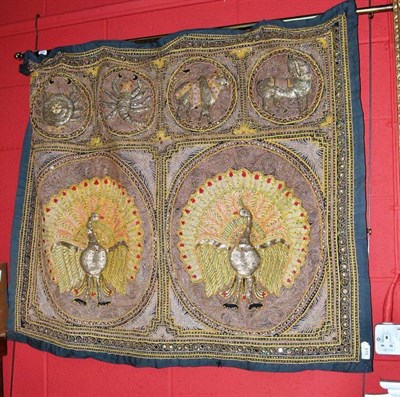 Lot 615 - Eastern wall hanging embroidered with peacocks and sequin decoration