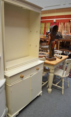 Lot 629 - Painted pine kitchen table and four chairs, and a small painted kitchen dresser