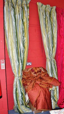 Lot 675 - Two pairs of green stripe curtains and a rust bedspread