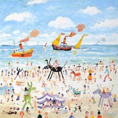 Lot 647 - Simeon Stafford (b.1956) Children and donkeys on a beach Signed, oil on canvas, 81.5cm by...