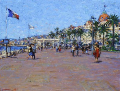 Lot 649 - John Mackie (b.1955) Figures strolling along the Promenade des Anglais, Nice Signed and dated...