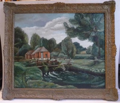 Lot 651 - Kathleen Tyson (1898-c.1982) "Woodford " - River landscape with buildings Signed, inscribed on...