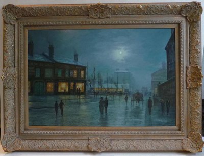 Lot 653 - Michael Matthews (b.1933) Moonlit dock scene Signed, oil on board, 49cm by 74.5cm  *this lot is...