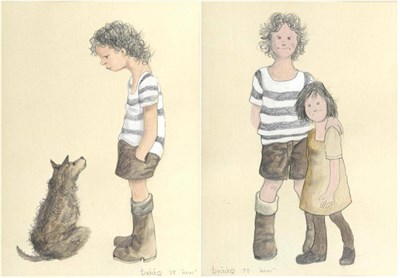 Lot 654 - Brian Shields  "Bráaq " FBA (1951-1997) A young boy with a dog (self portrait as a boy) Young...