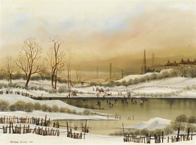 Lot 655 - Brian Shields  "Bráaq " FBA (1951-1997) Children and other figures on a frozen lake with an...