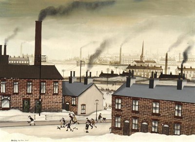 Lot 656 - Brian Shields  "Bráaq " FBA (1951-1997) A winter street scene before an industrial landscape...