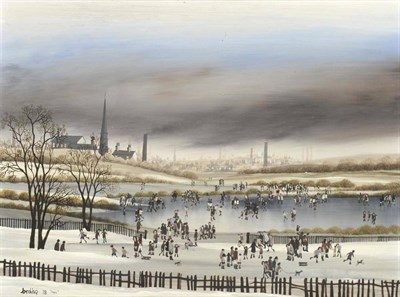 Lot 657 - Brian Shields  "Bráaq " FBA (1951-1997) Frozen pond with figures Signed, inscribed  "Ann ",...