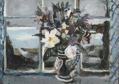 Lot 666 - Rowland Suddaby (1912-1972) Still life of flowers in a jug on a window ledge Signed and dated...