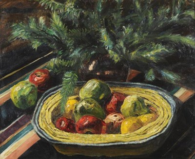 Lot 667 - Elliot Seabrooke (1886-1950) Still life of apples and a plant Oil on board, 58cm by 71cm...