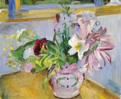 Lot 670 - Katherine Church (1910-1999)   "Pink Lilies in a Lustre Jug "  Signed and dated (19)88, signed,...