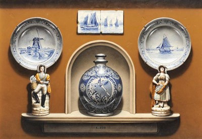 Lot 671 - Christopher John Harrison RA (b.1945) Trompe L'oeil study of two delft tiles, two plates, a...