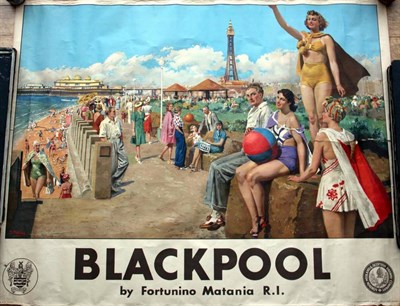 Lot 677 - Fortunino Matania RI (1881-1963) Italian  "Blackpool " Poster produced for London Midland and...