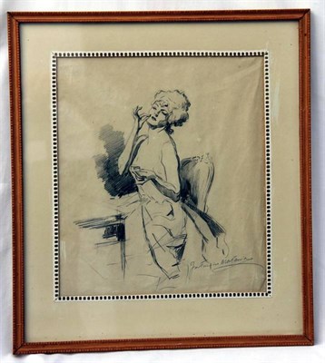 Lot 681 - Fortunino Matania RI (1881-1963) Italian The beauty spot; a sketch of a beauty seated at her...