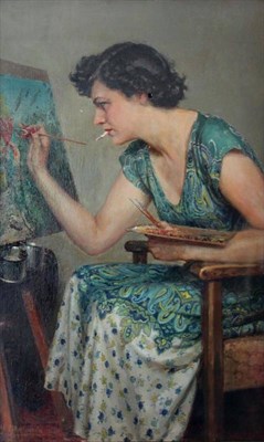 Lot 683 - Fortunino Matania RI (1881-1963) Italian  "Beryl at her easel " Signed, oil on board, 45cm by 27cm