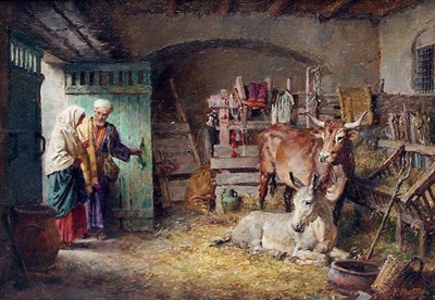 Lot 691 - Fortunino Matania RI (1881-1963) Italian  "The Holy Stable " Signed, oil on canvas, 33cm by...